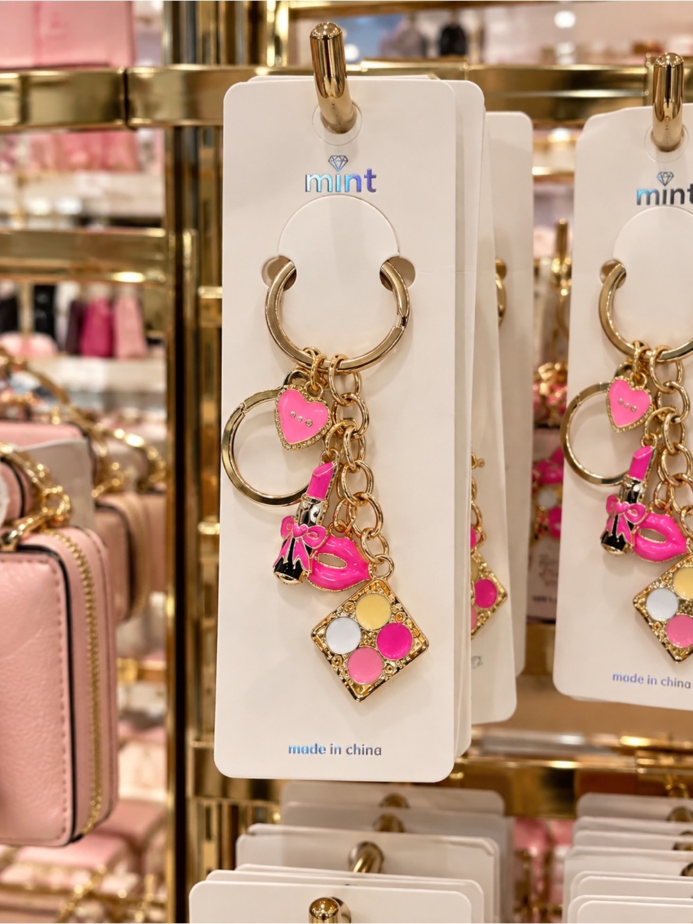 Mint Pink Enamel Cosmetic Charm Keyring with Gold Hardware